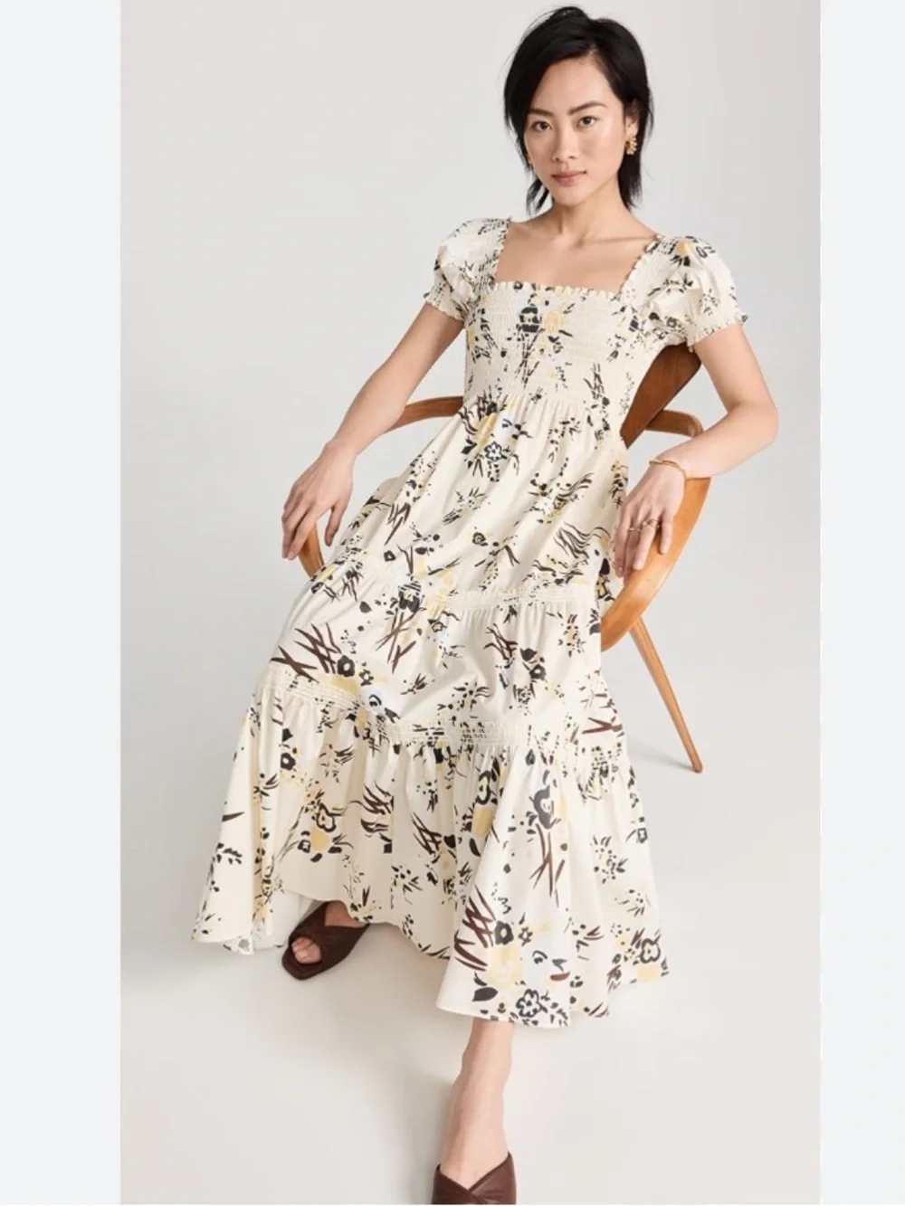 Tory Burch Dress Smocked Printed Maxi in French Cream Drip Bouquet